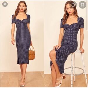 Reformation Marfa Blue and White Polka Dot Midi Dress